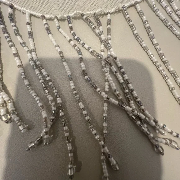 Vintage Floral Embroidered Beaded Sheer Scarf - Cream